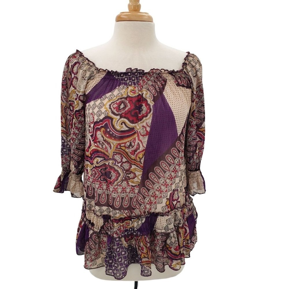 Xhilaration Womens Multicolor Paisley Print Sheer Blouse Sz S Bell Sleeve Boho